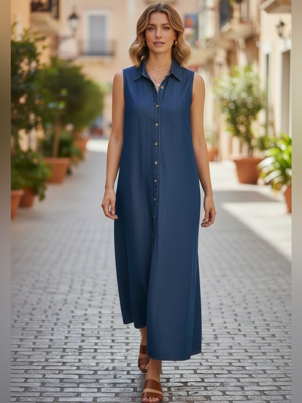 Vintage Tall Girl Sleeveless Denim Blue Button-Front Elegant Chic Maxi Dress